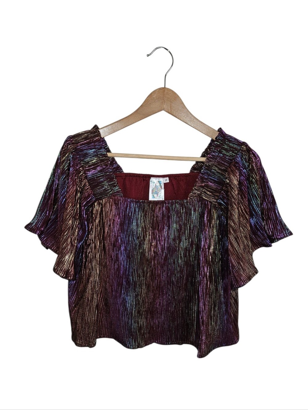 Queen Of Sparkles Maroon Pleated Flutter Top   Size M  NEW